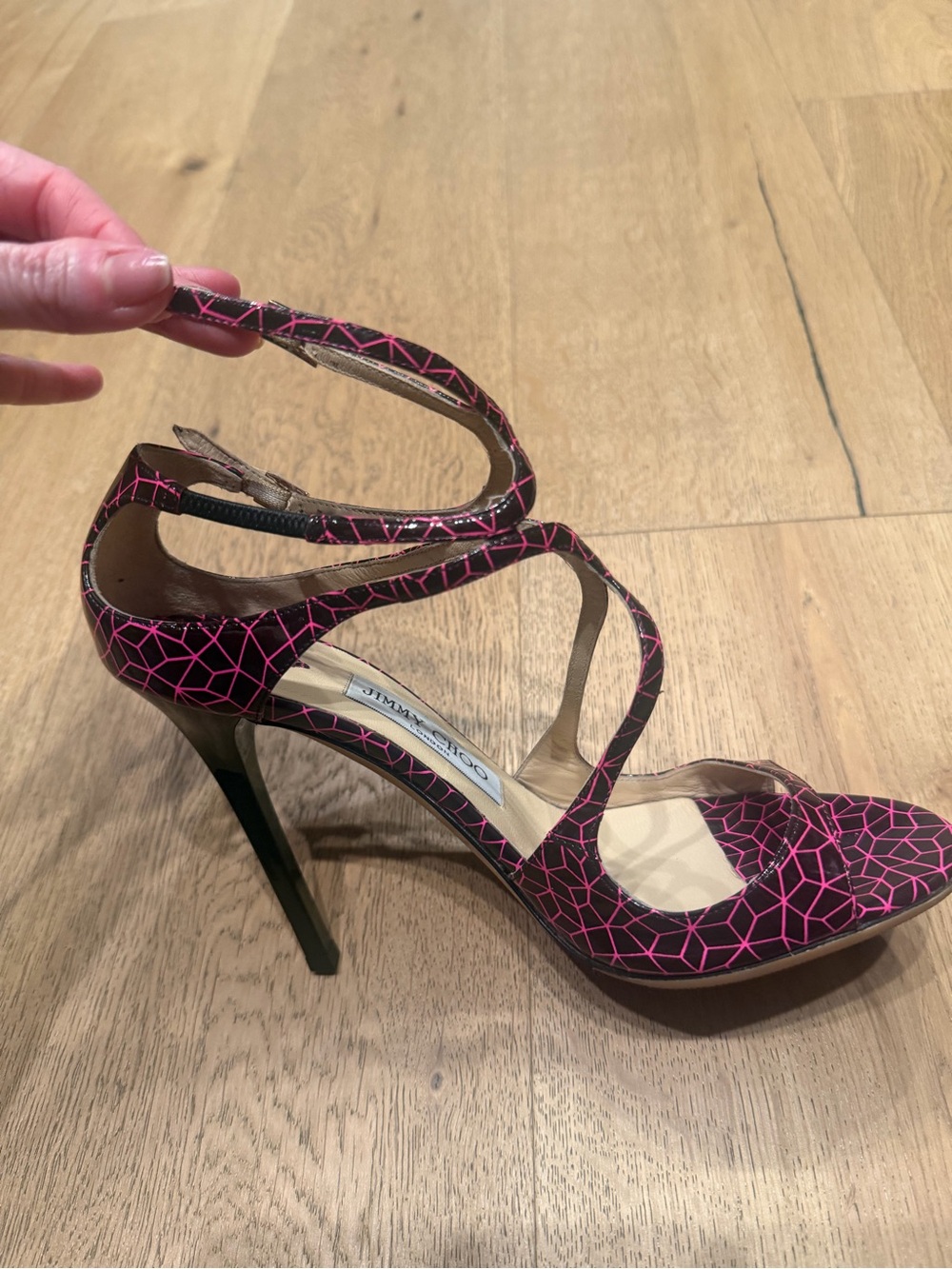 Jimmy Choo Black and Pink Geometric Strappy Stiletto Sandals - Picture 2 of 13
